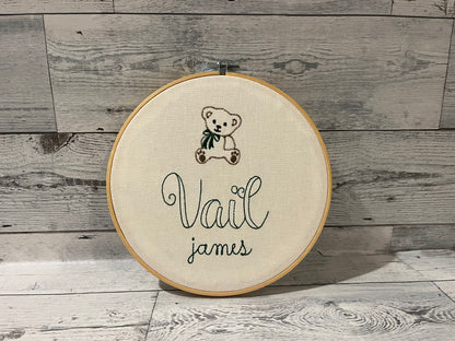 Embroidered Name with Bear Decorative Embroidery Hoop