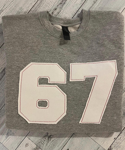Custom Number Applique Crewneck | Sports Number | 67 Appliqué Crewneck | six seven shirt | 67 meme | youth crewneck | Baseball | Football