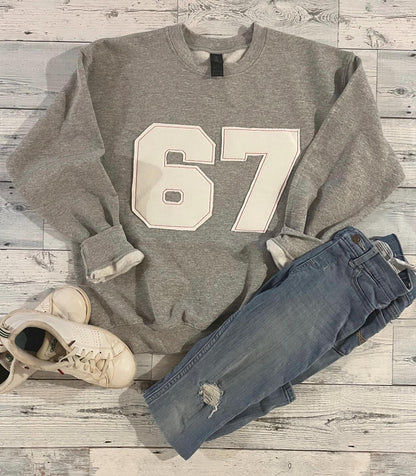 Custom Number Applique Crewneck | Sports Number | 67 Appliqué Crewneck | six seven shirt | 67 meme  | youth crewneck | Baseball | Football